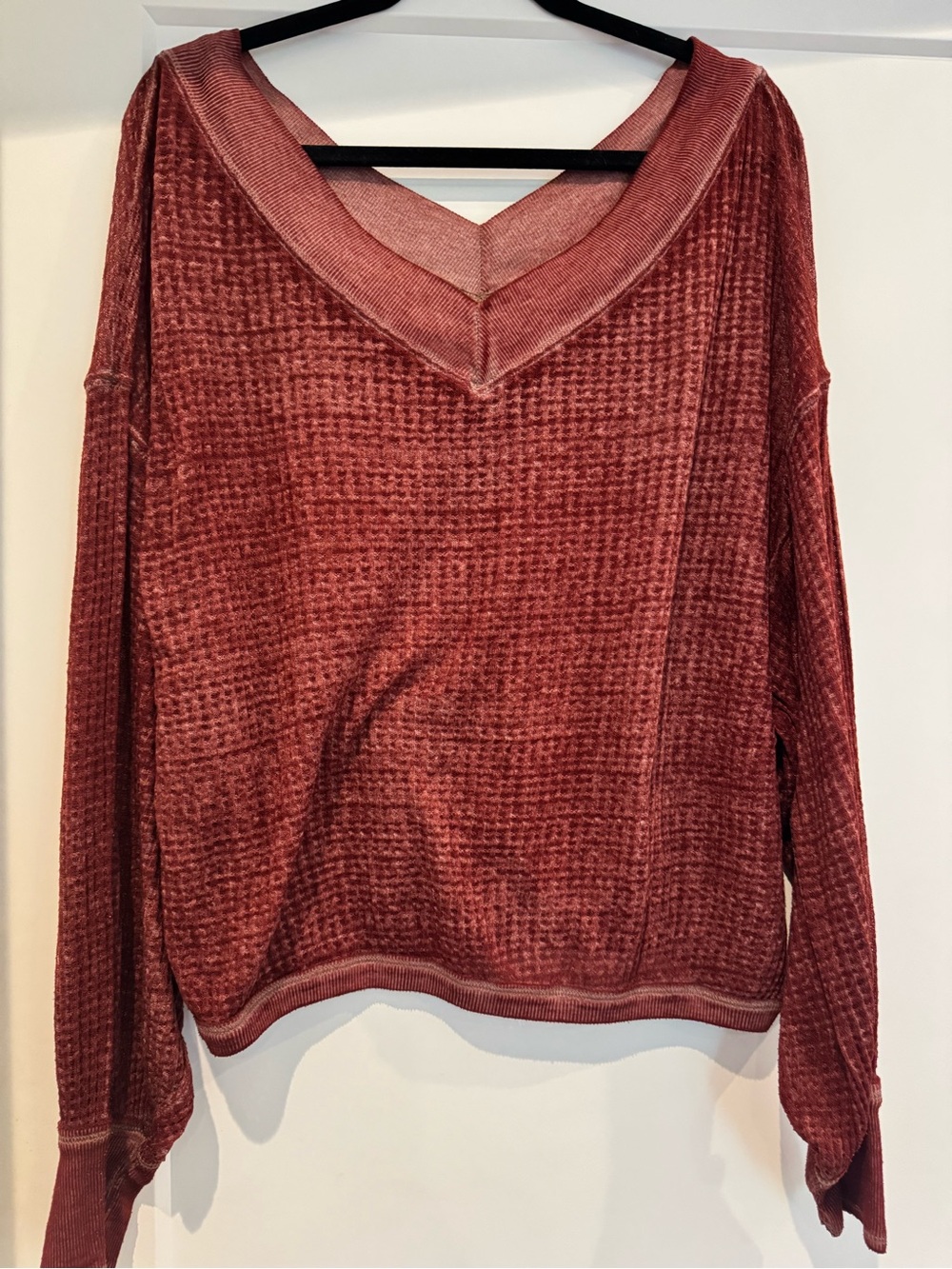 We The Free V-Neck Waffle Knit Sweater - Rust